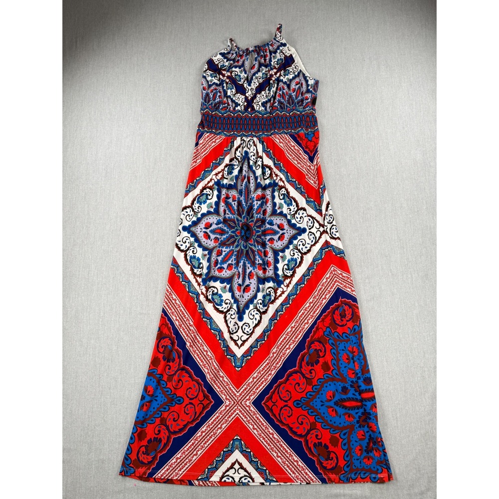 Chico's Red Blue Medallion Paisley Halter Maxi Dress Size‎ 1 Medium Boho Resort